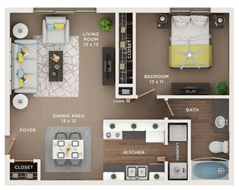 Floor plan for 1 bed, 1 bath, 744 sqft